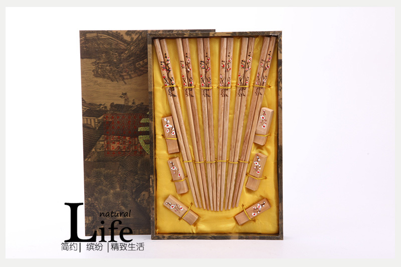 顶级礼品梅花图案原木色木雕筷子家用木属工艺雕刻筷配礼盒（6双/套）D6-0031