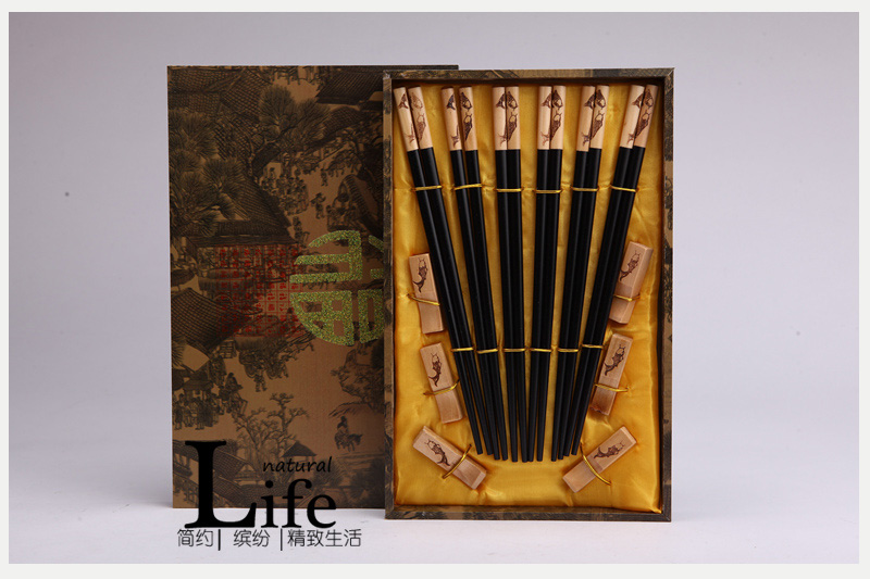 顶级礼品鲤鱼图案黑色木雕筷子家用木属工艺雕刻筷配礼盒（6双/套）D6-0121