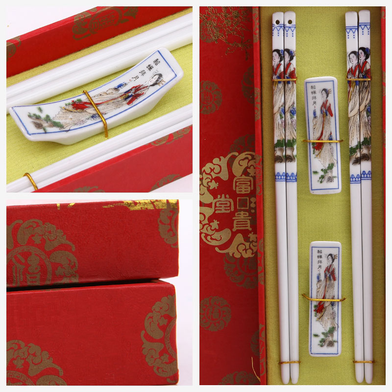 古典陶瓷手绘筷子2对套装 貂蝉拜月图案 天然健康 高档礼品 T2-0052