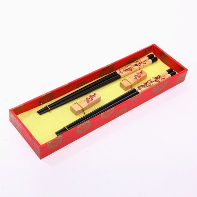创意礼品梅花图案木雕筷子家用木属工艺雕刻筷配礼盒（黑色）D2-005