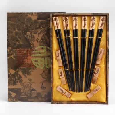创意礼品鲤鱼图案黑色木雕筷子家用木属工艺雕刻筷配礼盒（6双/套）D6-012