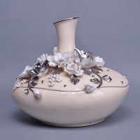 中式时尚雕花陶瓷花瓶摆件 创意杂花白+银长颈大肚花瓶小号装饰瓶 创意家居软装饰花瓶 63801-14