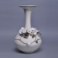 中式时尚雕花陶瓷花瓶摆件 创意雕花烛台土黄+银装饰瓶 创意家居摆设软装饰花瓶63813-14-z