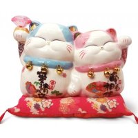 日式简约陶瓷牵手爱情波士桃花情侣猫摆件风水招财摆件
