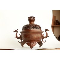中式简约铜制朱雀钮螭耳三足薰炉造型摆件家居装饰摆件卧室摆件客厅摆件