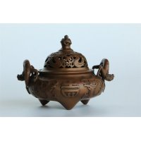 中式简约铜制夔龙纹双螭耳三足炉造型摆件家居装饰摆件卧室摆件客厅摆件
