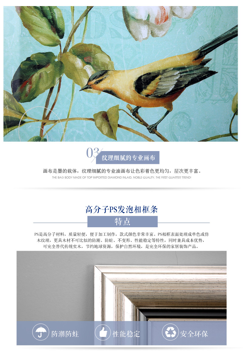 欧式花鸟玄关装饰画 蓝色艺术微喷进口画心ps框挂画 酒店家居装饰画 SPG YH0535