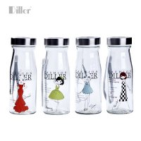 Diller13426MLH时尚女孩厂家批发大口径玻璃杯透明便携式水杯定制广告礼品杯卡通图案玻璃杯