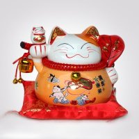 日式风生水起橙色陶瓷招财猫存钱罐C0921C