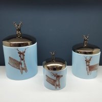 美式乡村古典蓝色麋鹿图案陶瓷罐 工艺品家装饰储物罐摆件