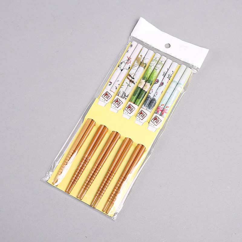 荷花图案竹木筷子家用筷工艺礼品筷子防滑拉钩筷（5双/套）FT021