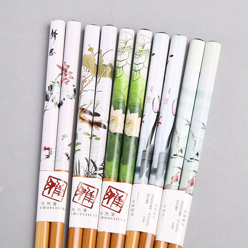 荷花图案竹木筷子家用筷工艺礼品筷子防滑拉钩筷（5双/套）FT023