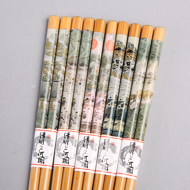 清明上河图图案竹木筷子家用筷工艺礼品筷子防滑拉钩筷（5双/套）FT014