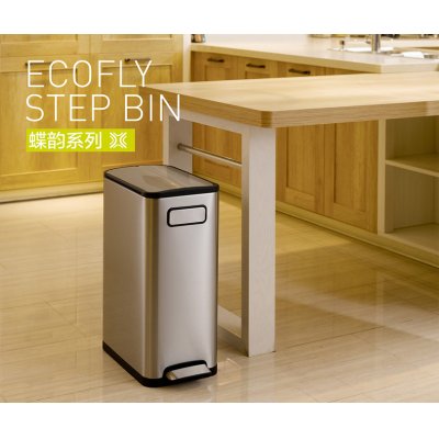 EKO 不锈钢加厚脚踏双开盖垃圾桶家用厨房 创意带滑轮脚踩垃圾筒