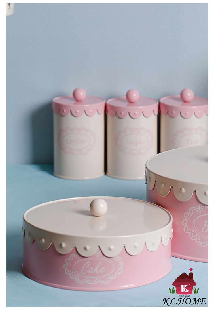 开利欧式铁艺粉色花边系列家居储物咖啡糖茶饼干套装收纳罐预售5