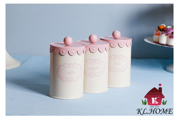 开利欧式铁艺粉色花边系列家居储物咖啡糖茶饼干套装收纳罐预售9