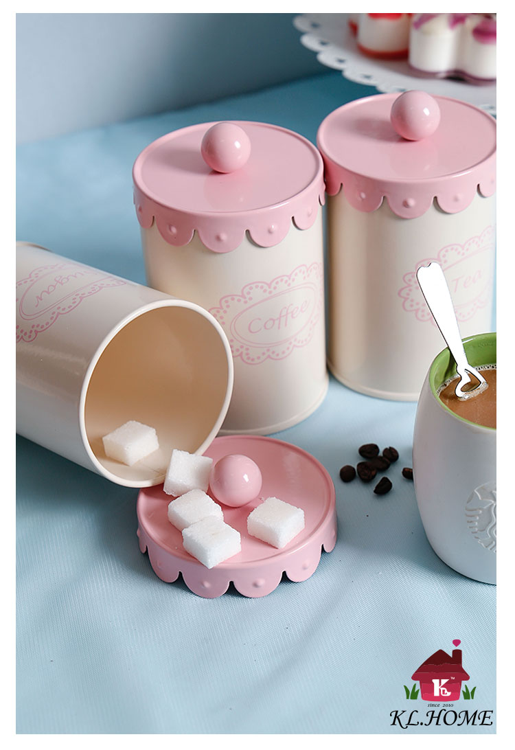 开利欧式铁艺粉色花边系列家居储物咖啡糖茶饼干套装收纳罐预售11