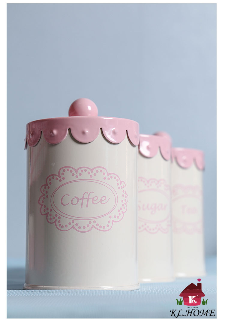 开利欧式铁艺粉色花边系列家居储物咖啡糖茶饼干套装收纳罐预售12