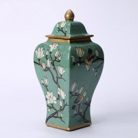 中式艺术陶瓷四方罐二件套 艺术特色手绘工艺储物罐 居家送礼摆设装饰工艺品摆件 SRJ89