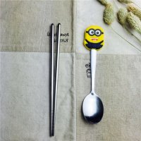 小黄人卡通不锈钢便携餐具筷勺套装筷子勺子实用便携儿童餐具