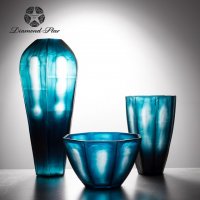 蓝色 竖纹瓶 玻璃花盆花器时尚玻璃花瓶摆件
