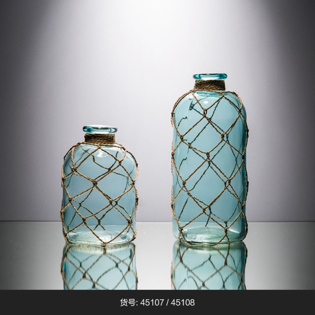 蓝色透明 渔网纹瓶 玻璃花盆花器时尚玻璃花瓶摆件
