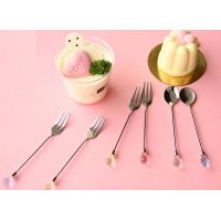 创意可爱水滴餐具韩国不锈钢小勺子搅拌棒咖啡勺冰勺叉勺套装（颜色随机）