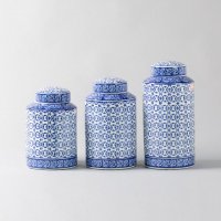 中式艺术青花 圆柱瓶对称花纹储物罐套装 陶瓷罐3件套