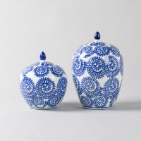 中式艺术青花 大肚瓶螺旋花纹储物罐套装 陶瓷罐2件套