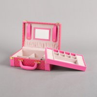 手提式皮革首饰盒 玫红色 双层带锁公主手饰品大首饰收纳盒