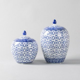 中式艺术青花 大肚瓶储物罐套装 陶瓷罐2件套