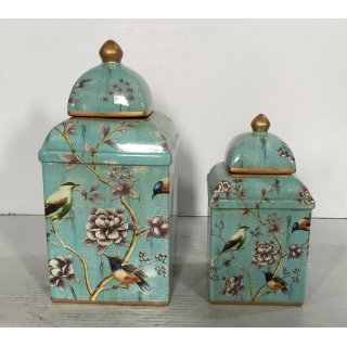 中式艺术陶瓷方罐二件套 艺术特色手绘工艺储物罐 居家送礼摆设装饰工艺品摆件 SRJ87