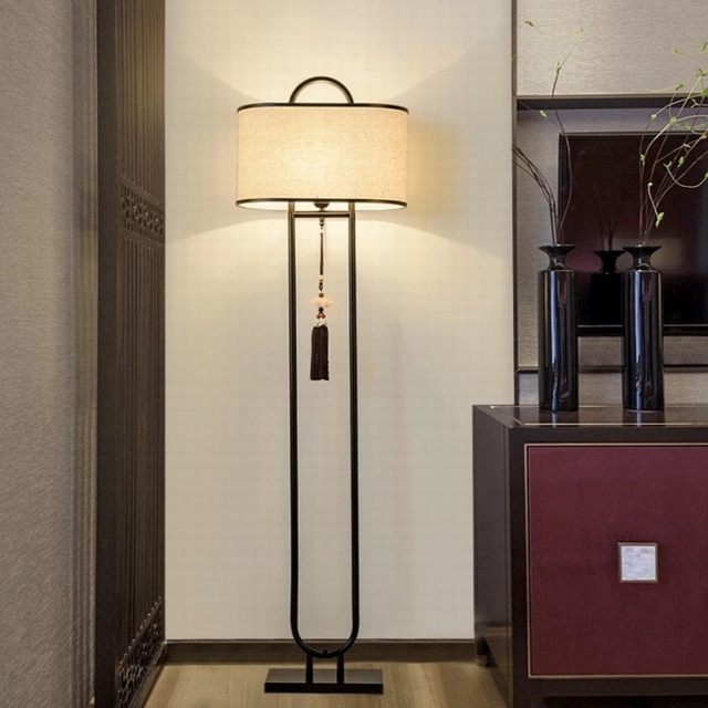 新中式弯管铁艺创意长方形布艺灯罩家居客厅书房落地灯