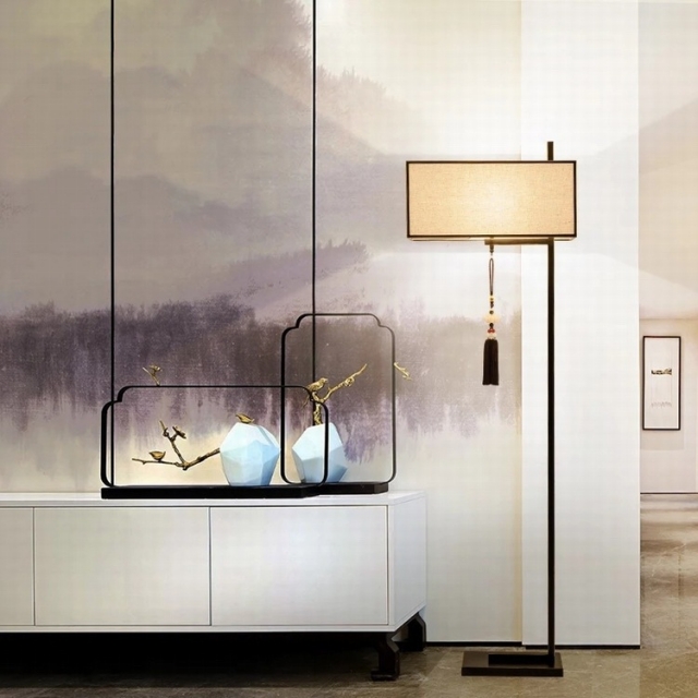 新中式极简铁艺长方形布艺灯罩办公室书房角几柜客厅落地灯
