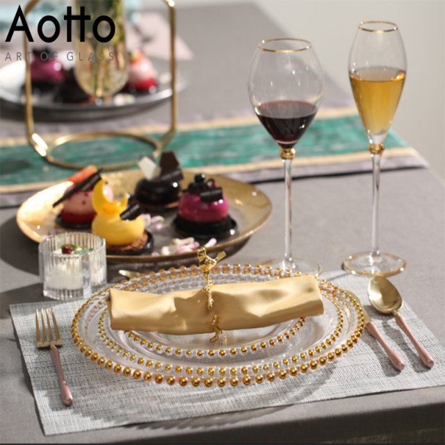 金色珍珠无铅水晶透明金边珠子果盘现代餐盘创意透明玻璃酒店盘子