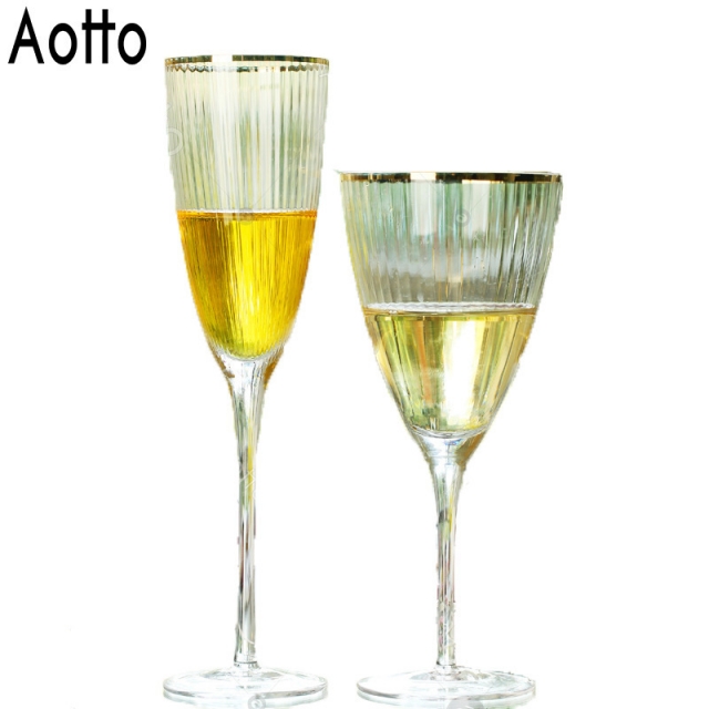 透明水晶玻璃香槟酒具金边红酒高脚杯酒店家用样板房餐厅条纹酒杯