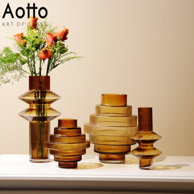 新中式琥珀色玻璃花瓶家居装饰摆件创意水培植物插花梯形几何花瓶