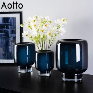 简约圆桶玻璃花瓶创意北欧莫兰迪摆件软装蓝彩色玻璃手工高脚花瓶
