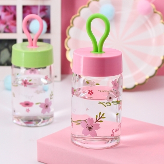 新款便携提绳水杯 耐热高硼玻璃杯清新ins现货批发花朵少女心水杯