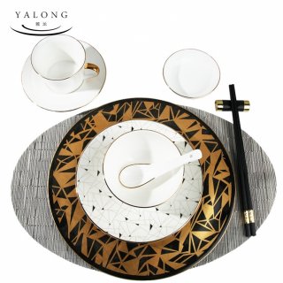雅龙 工厂直营 酒店餐具套装 黑金陶瓷餐盘组合 展厅餐盘 碗 骨碟
