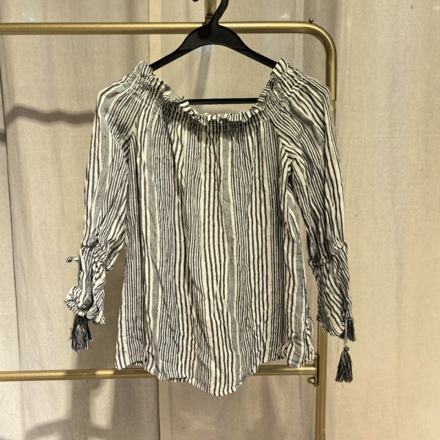 春季宽松一字领条纹套头女装衬衫