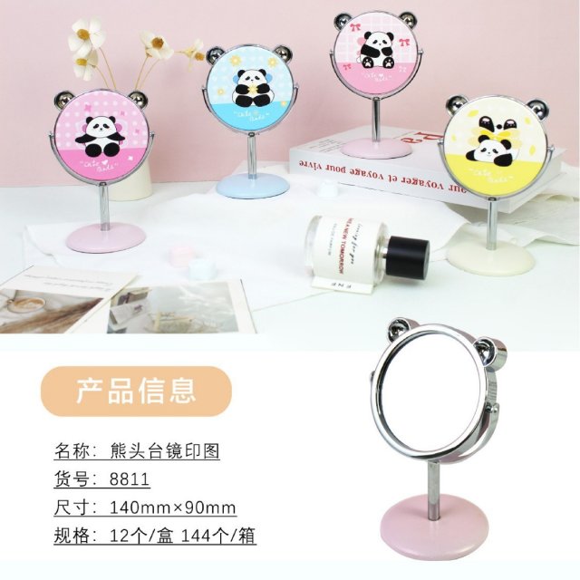 [胜雅] 新款熊头形状桌面台式单面镜PU皮镜动物卡通图案化妆镜台镜旋转镜