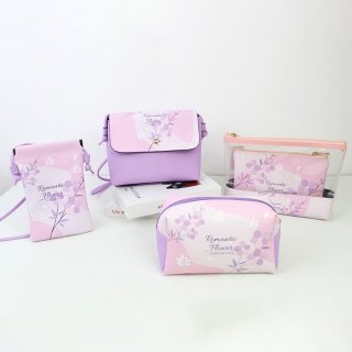 浪漫紫粉花卉系列包包多款式便携斜挎包手拿包零钱包旅行洗漱包
