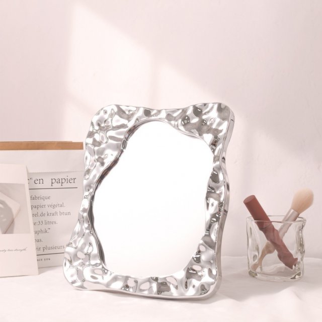 [胜雅] INS风电镀银色化妆镜台式桌面小镜子学生宿舍折叠简约梳妆镜