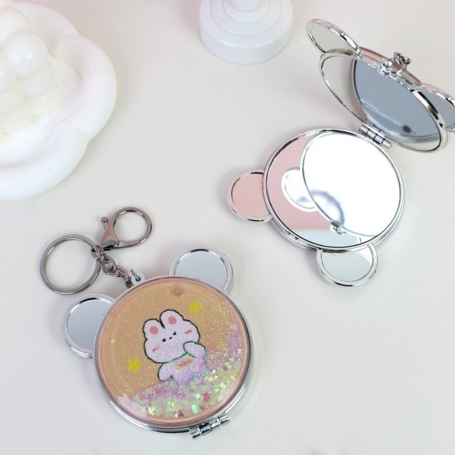 [] 小熊头折叠流沙挂包镜美妆便携手持随身化妆镜双面补妆镜小镜子