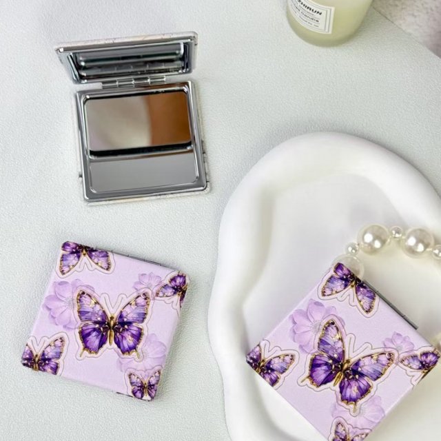 [胜雅] Y2K时尚紫色蝴蝶图案70正方双面折叠便携口袋化妆镜高清镜