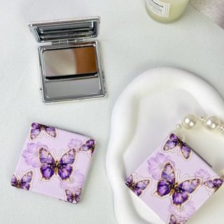 Y2K时尚紫色蝴蝶图案70正方双面折叠便携口袋化妆镜高清镜