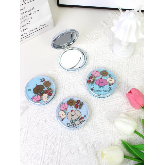 [胜雅] 樱桃小狗可爱圆形化妆镜便携随身镜女生学生礼品折叠美妆镜小镜子