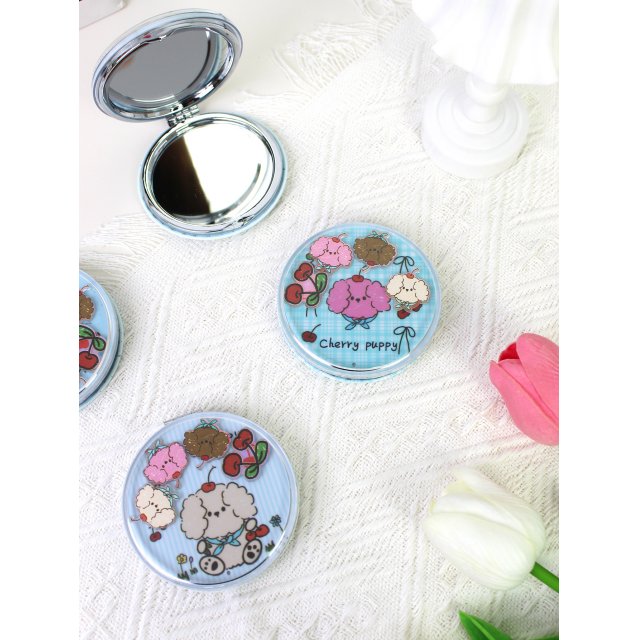 [胜雅] 樱桃小狗可爱圆形化妆镜便携随身镜女生学生礼品折叠美妆镜小镜子