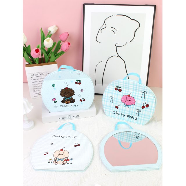 [胜雅] 樱桃小狗圆形折叠壁挂镜化妆镜浴室镜子女生镜子宿舍卧室折叠台镜